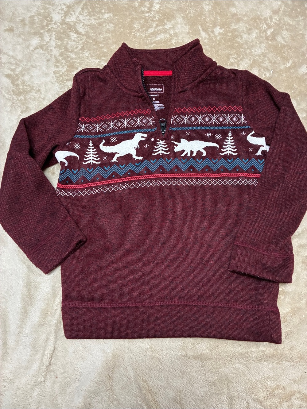 Sonoma Maroon and Cream Holiday Zip Sweater with Blue Accents